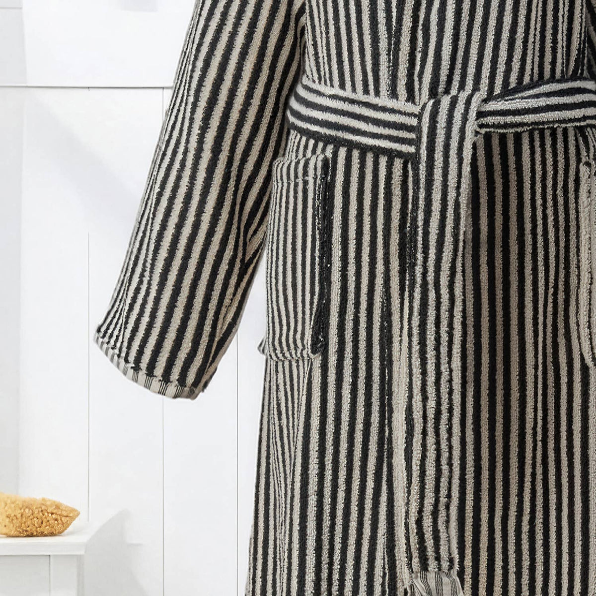 Pompom Turkish bathrobe – Black & White Stripe, Hooded, back view | Kikoya
