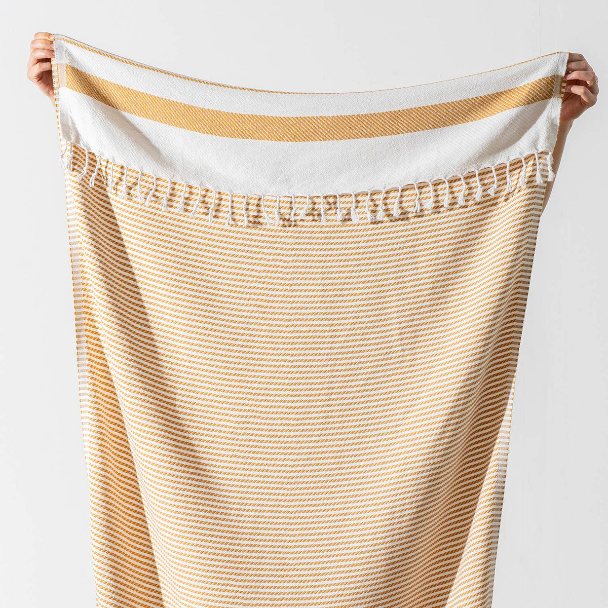 Pinstripe Turkish beach towel on cream with solid hem band, 33x66 in | Kikoya