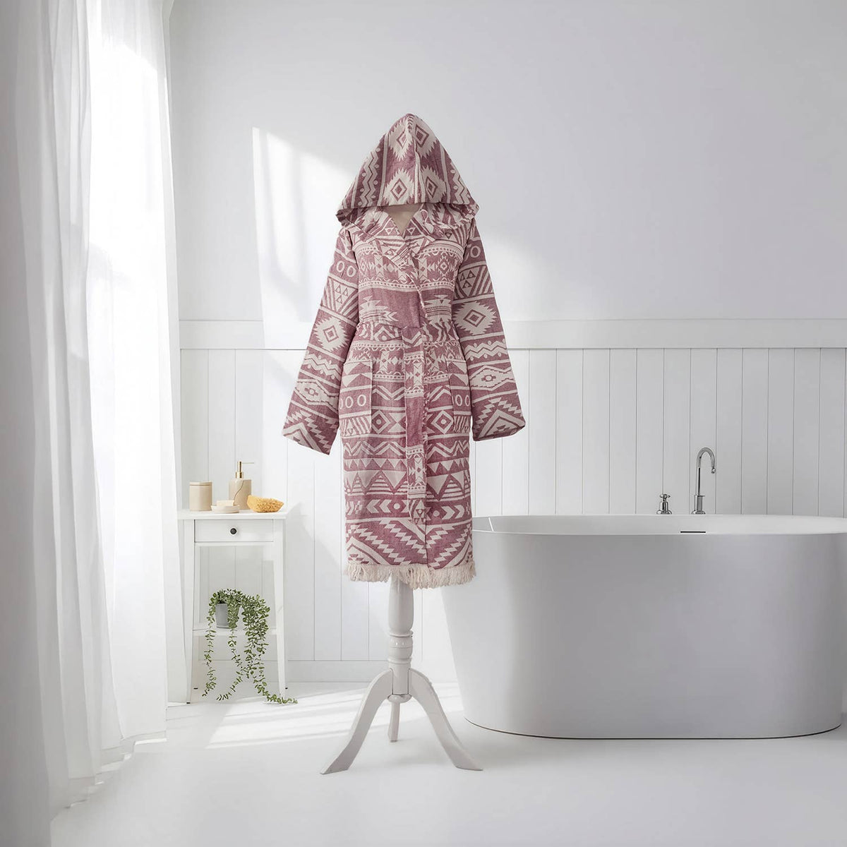 Aztec Turkish bathrobe in dusty rose – hooded, fringed hem | Kikoya
