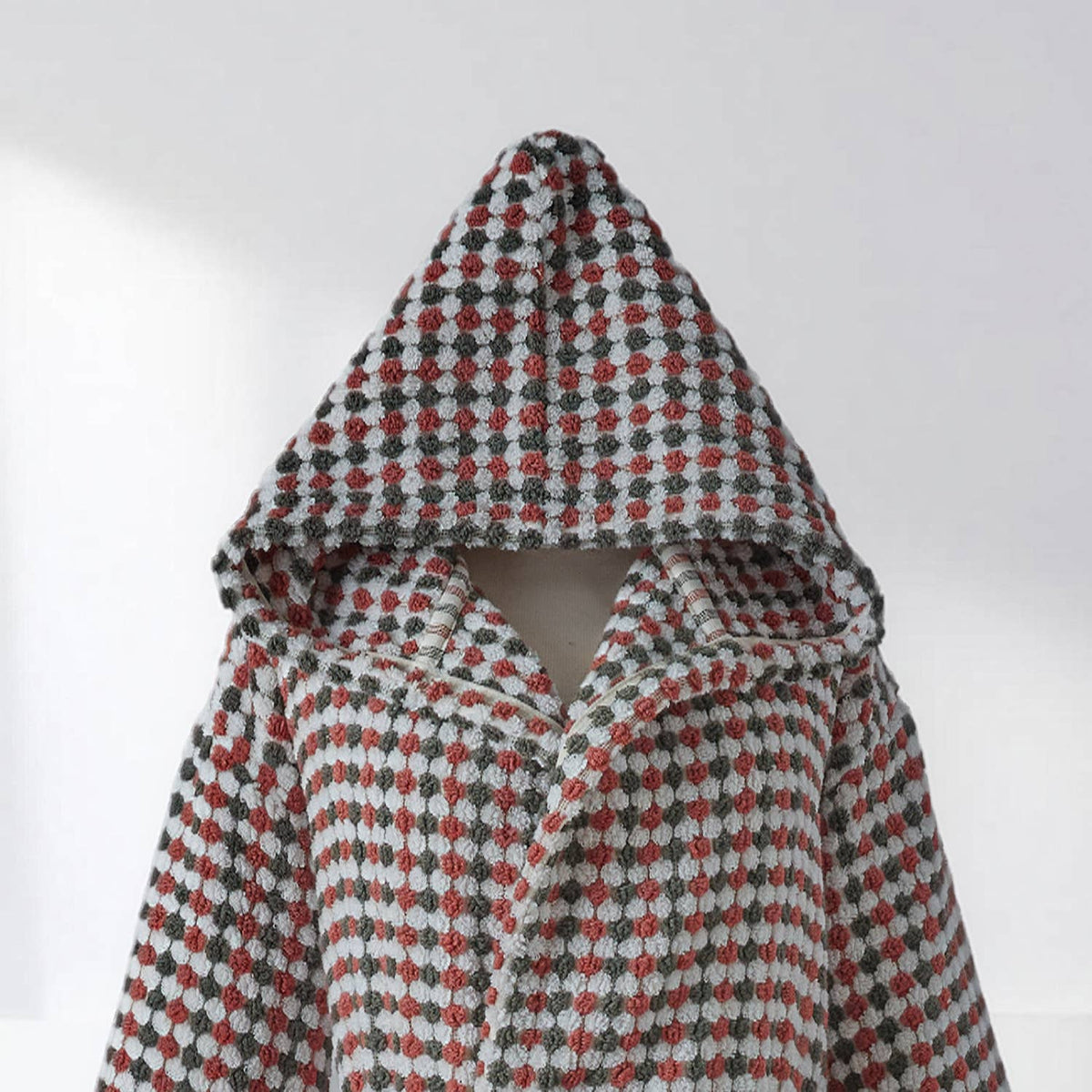 Pompom Turkish bathrobe – Khaki & Brick, Hooded, texture detail | Kikoya