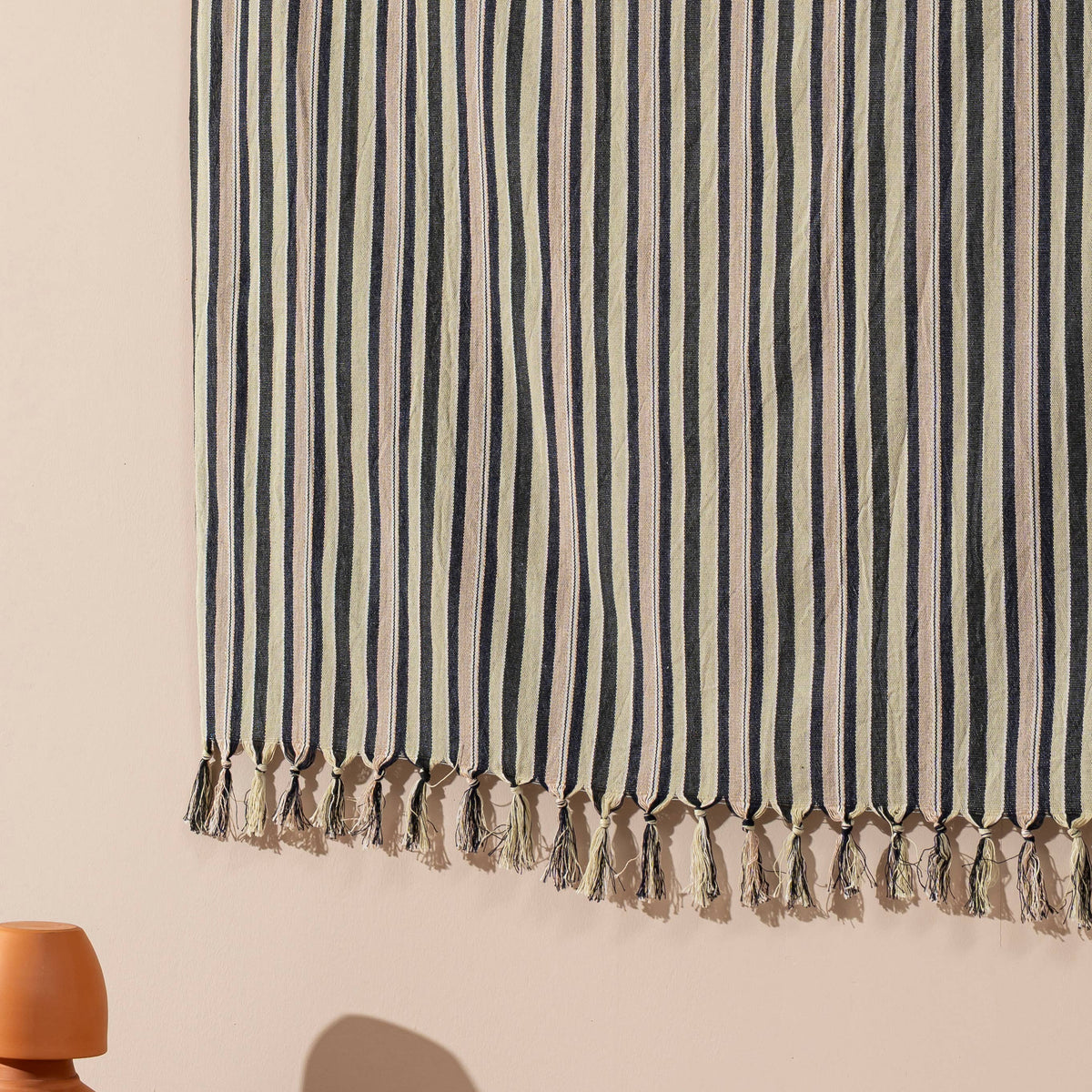 Charcoal ticking stripe Turkish towel shown full length with fringed hem | Kikoya