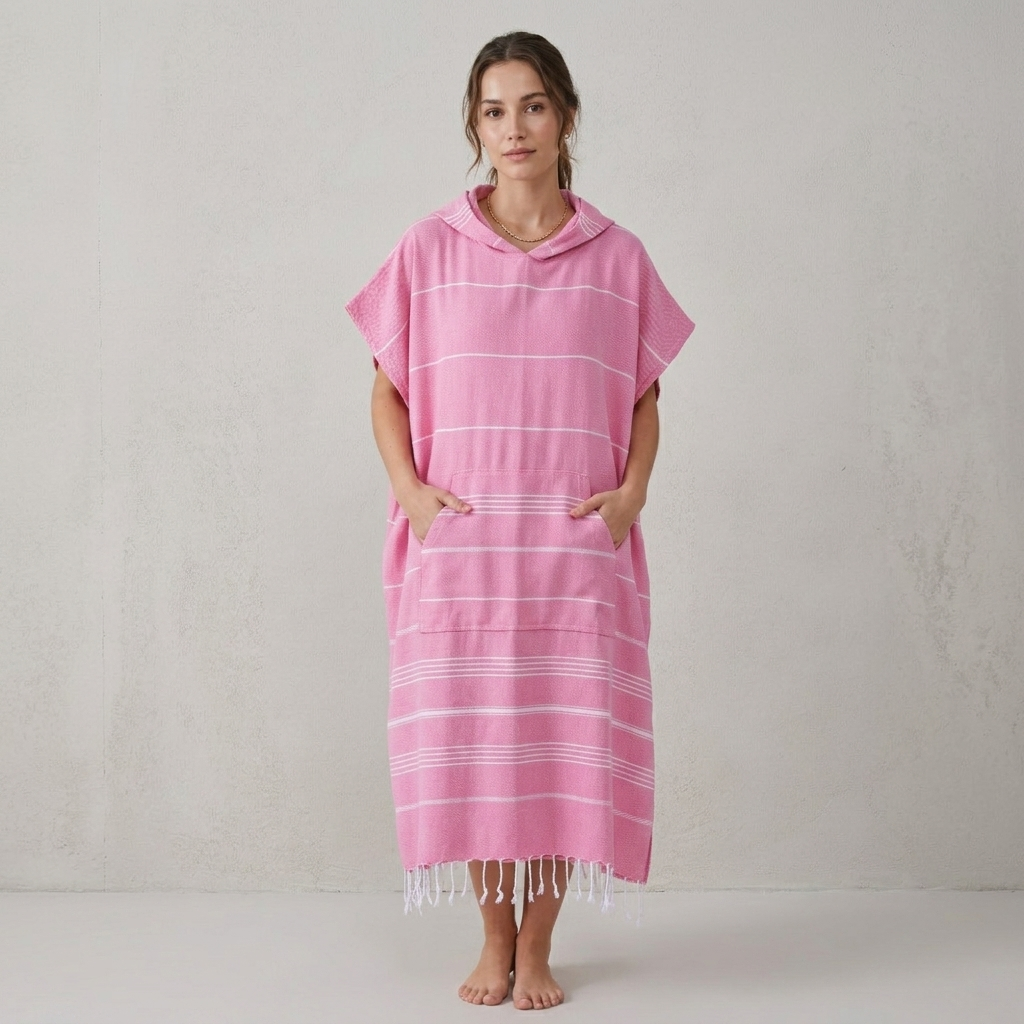 Stripe Adult Hooded Changing Poncho – Stripe, styled view | Kikoya