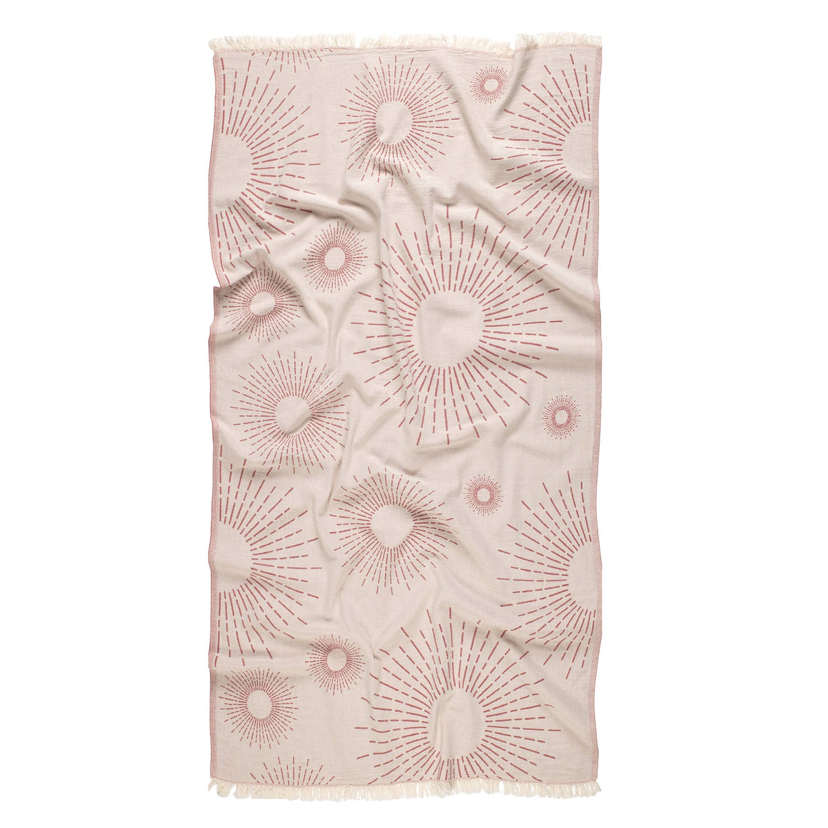 Sunburst print Turkish beach towel on natural cotton, 35x70 in, flat weave | Kikoya