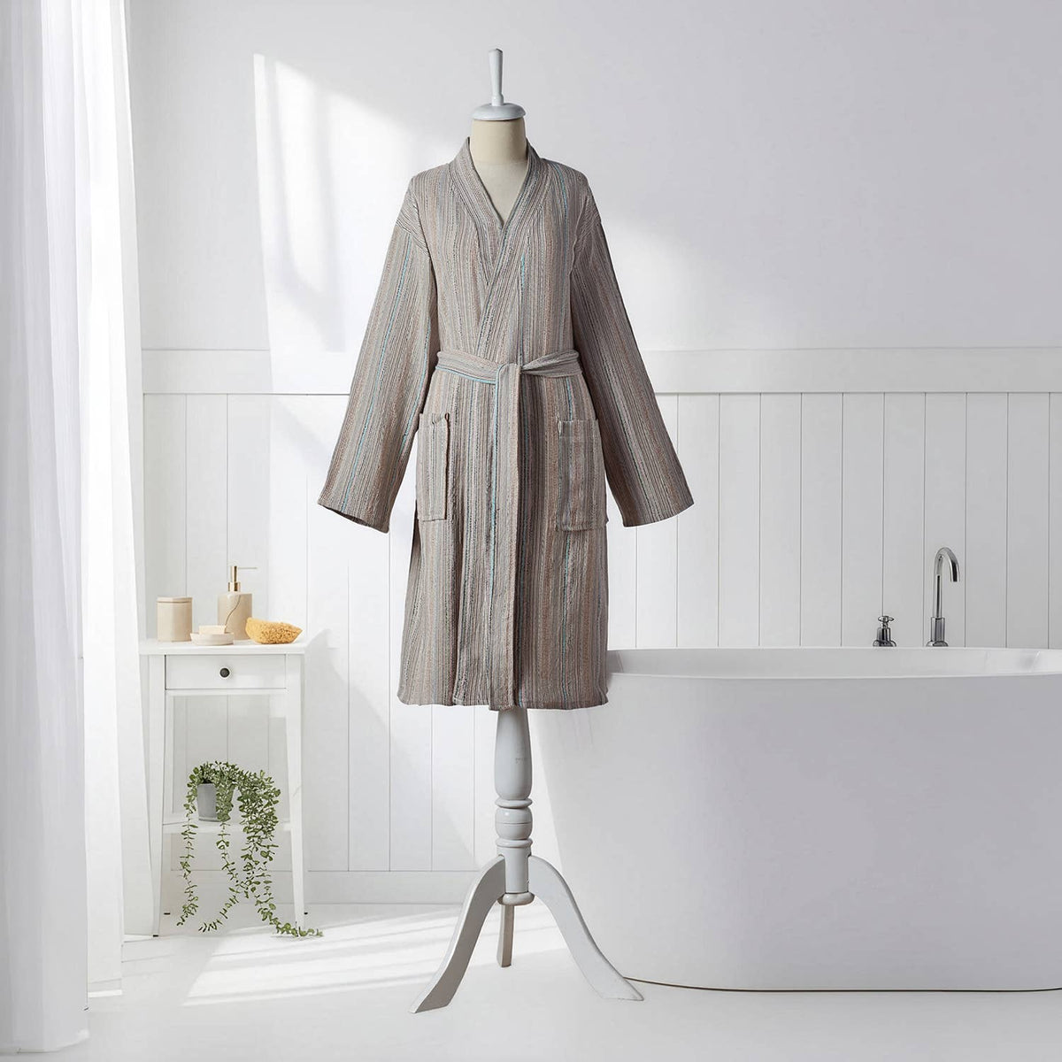 Antique Turkish kimono bathrobe – Taupe Stripe | Kikoya