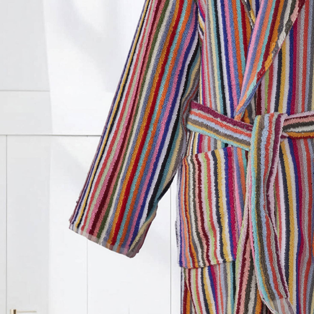 Pompom Turkish bathrobe – Multicolor Stripe, Shawl Collar, texture detail | Kikoya