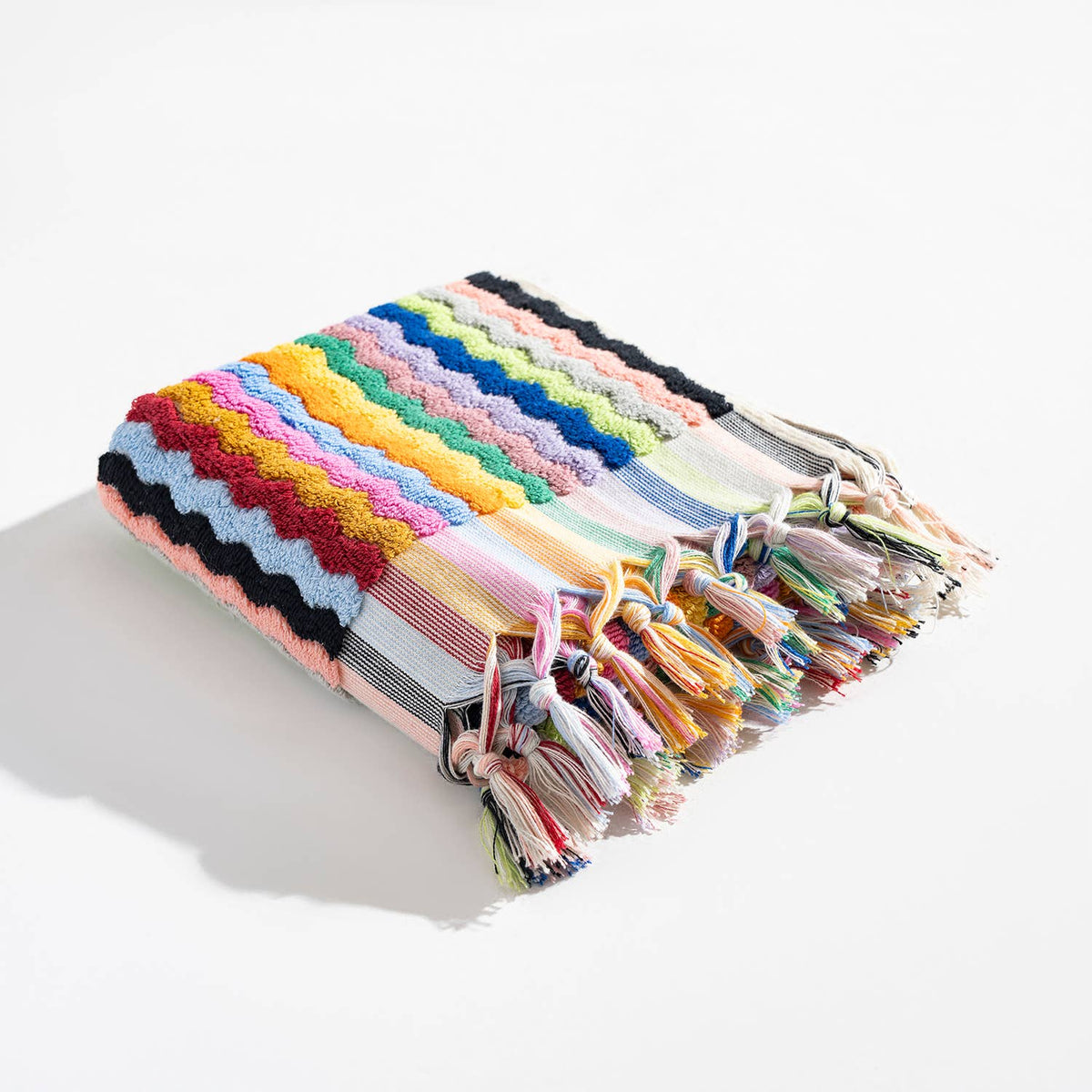 Pompom zigzag Turkish hand towel in multicolour chevron, 17x38 in, handloomed | Kikoya
