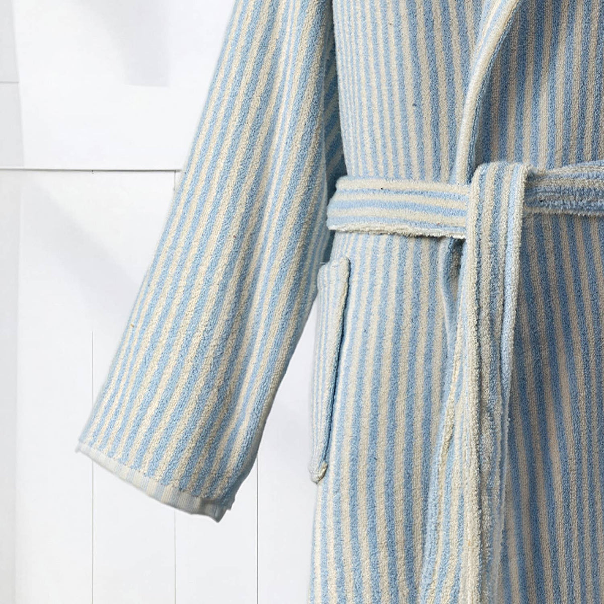 Pompom Turkish bathrobe – Baby Blue & White Stripe, Hooded, texture detail | Kikoya