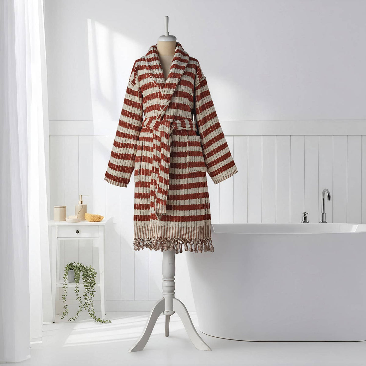 Pompom Turkish bathrobe – Lokum Clay, Shawl Collar, full-length view | Kikoya