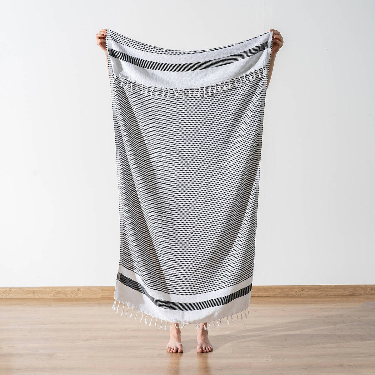 Pinstripe Turkish beach towel on cream with solid hem band, 33x66 in | Kikoya