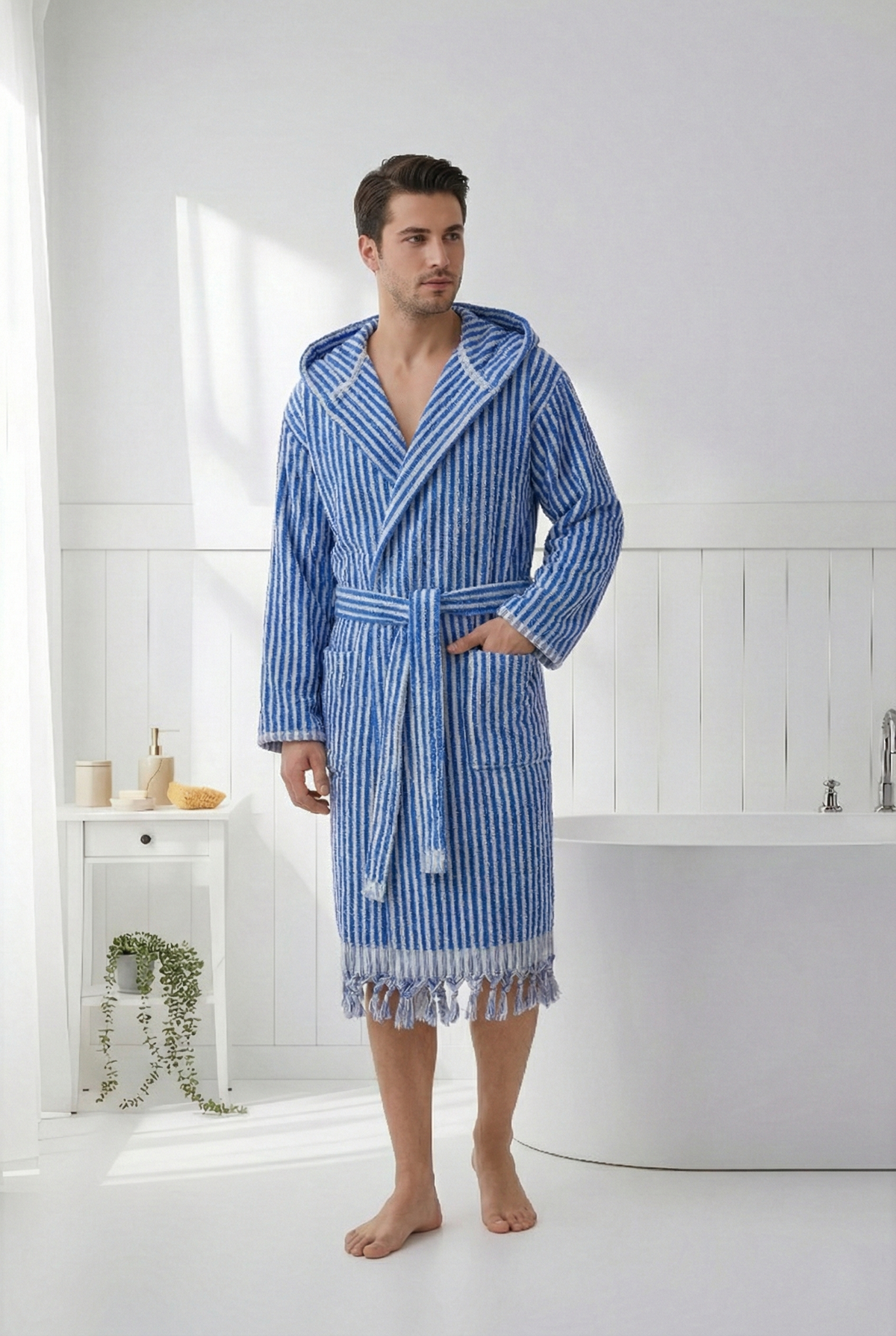 Pompom Turkish bathrobe – Blue & White Stripe, Hooded, styled view | Kikoya