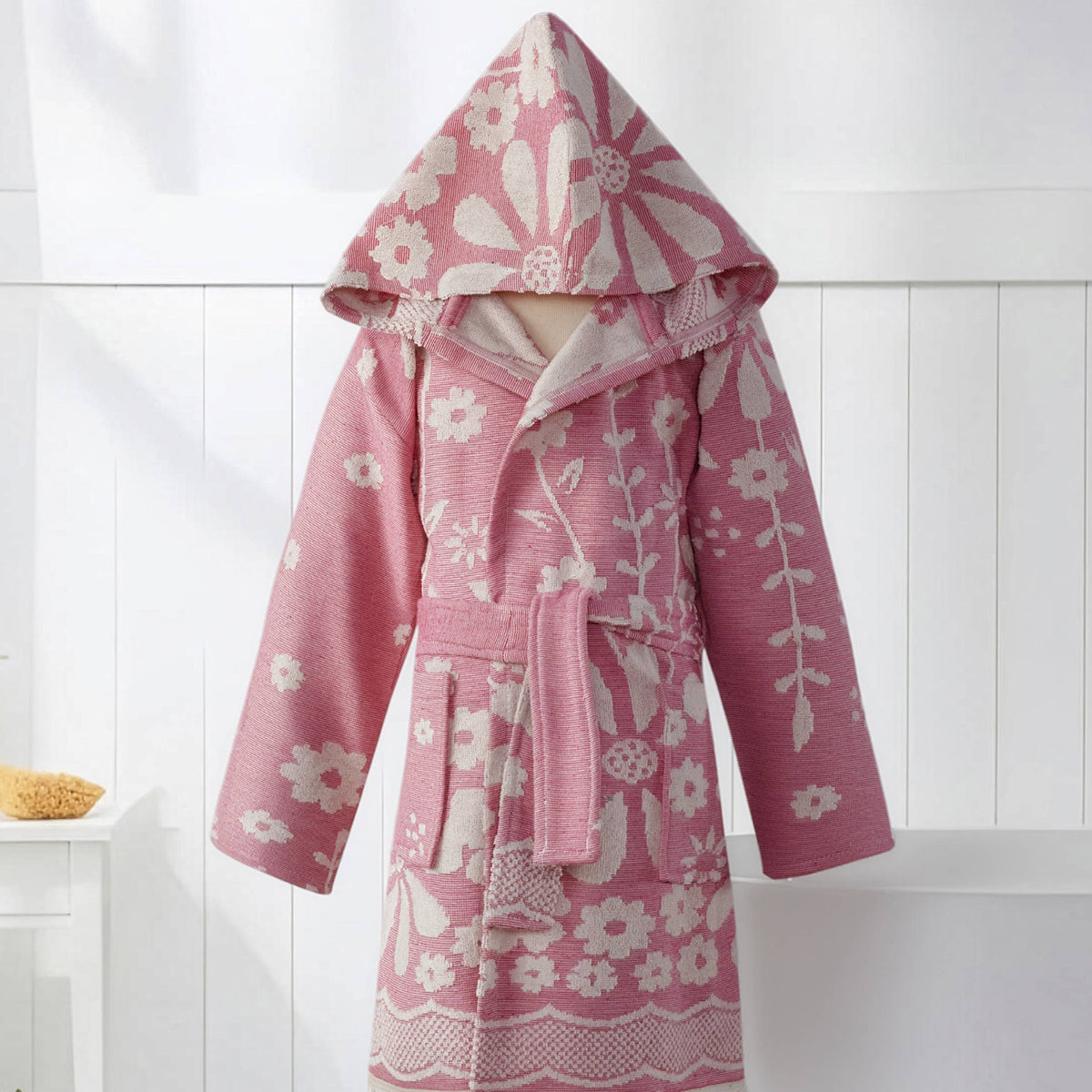 Daisy kids Turkish bathrobe – floral jacquard, hooded, ages 5-8 | Kikoya