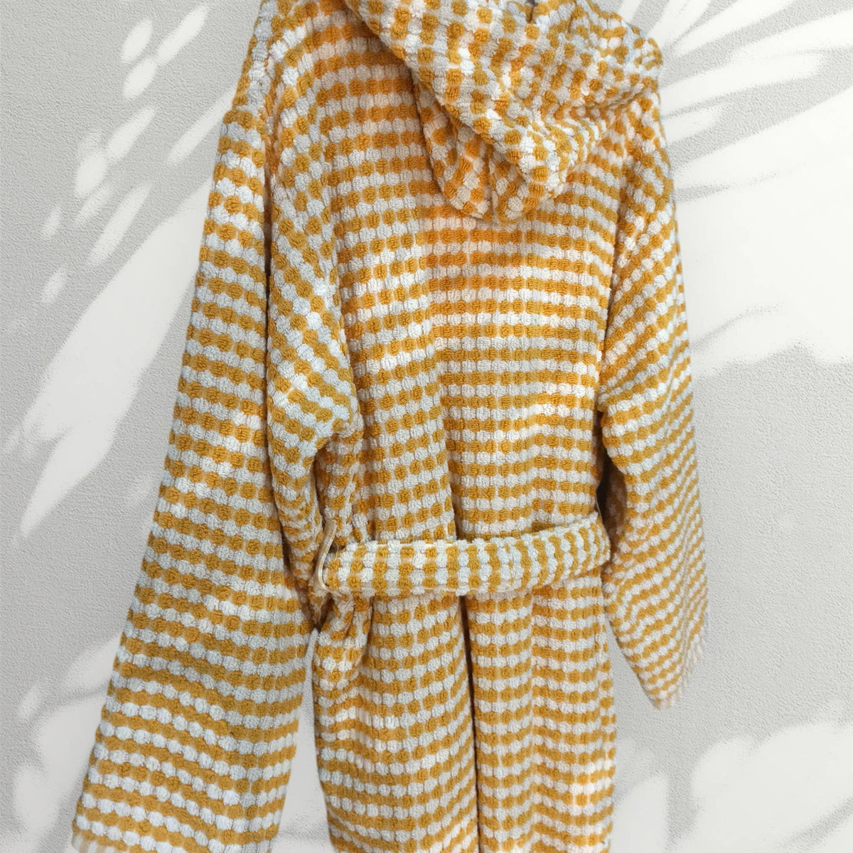 Pompom Turkish bathrobe – Mustard, Hooded, lifestyle view | Kikoya