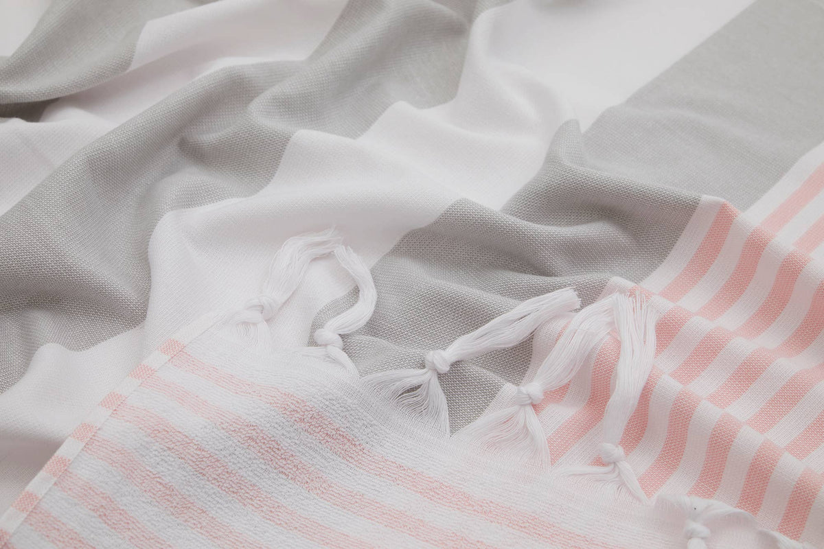 Mediterranean terry-backed Turkish towel in two-tone block stripe, 35x70 in | Kikoya