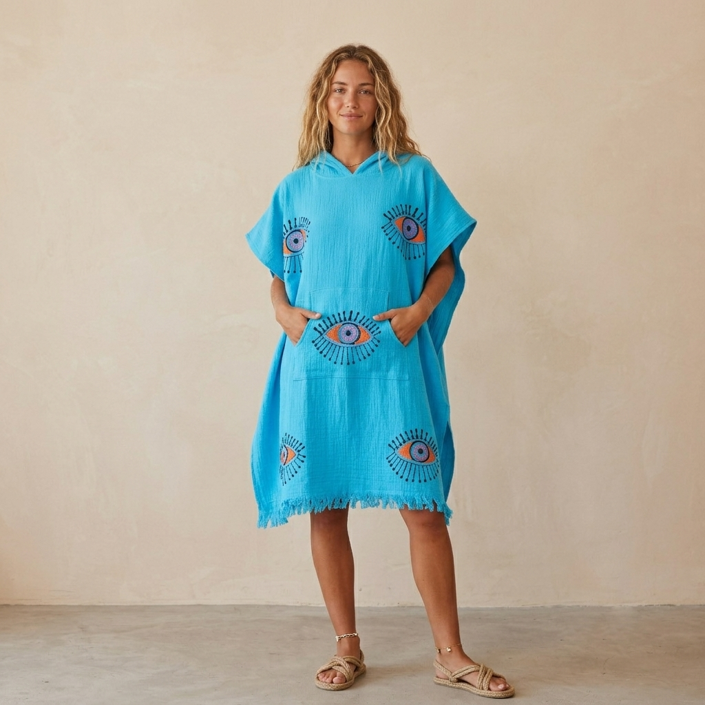 Block-print Eye Adult Hooded Changing Poncho – Print, styled view | Kikoya