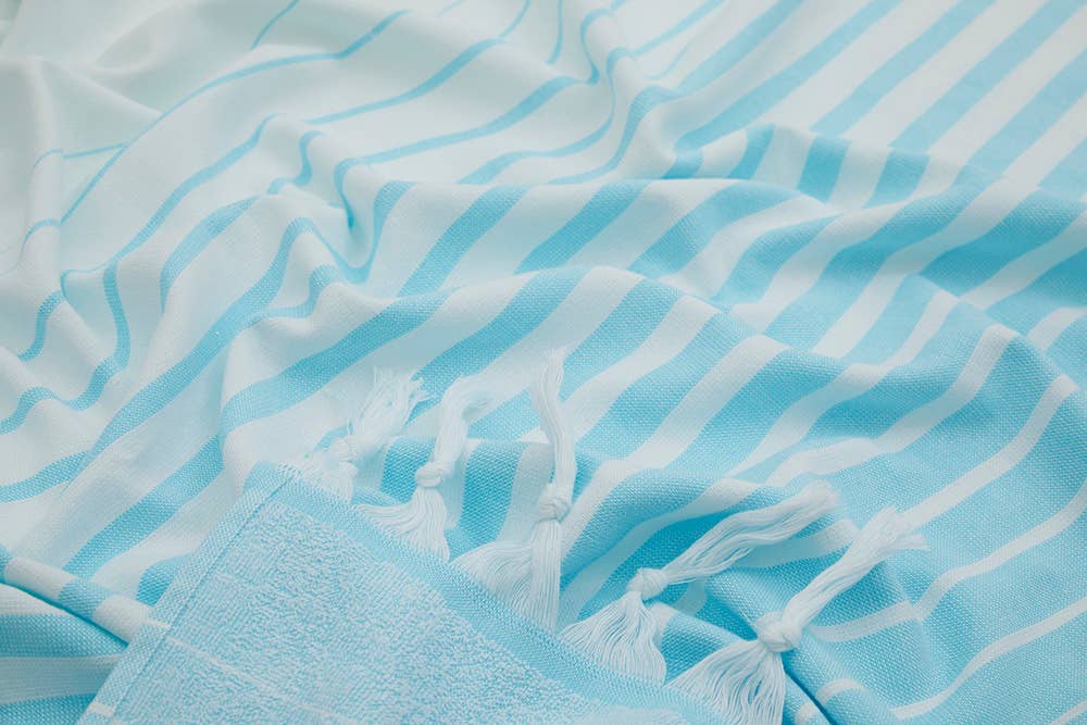 Paradiso terry-backed Turkish towel in two-tone stripe with tassel fringe, 35x70 in | Kikoya