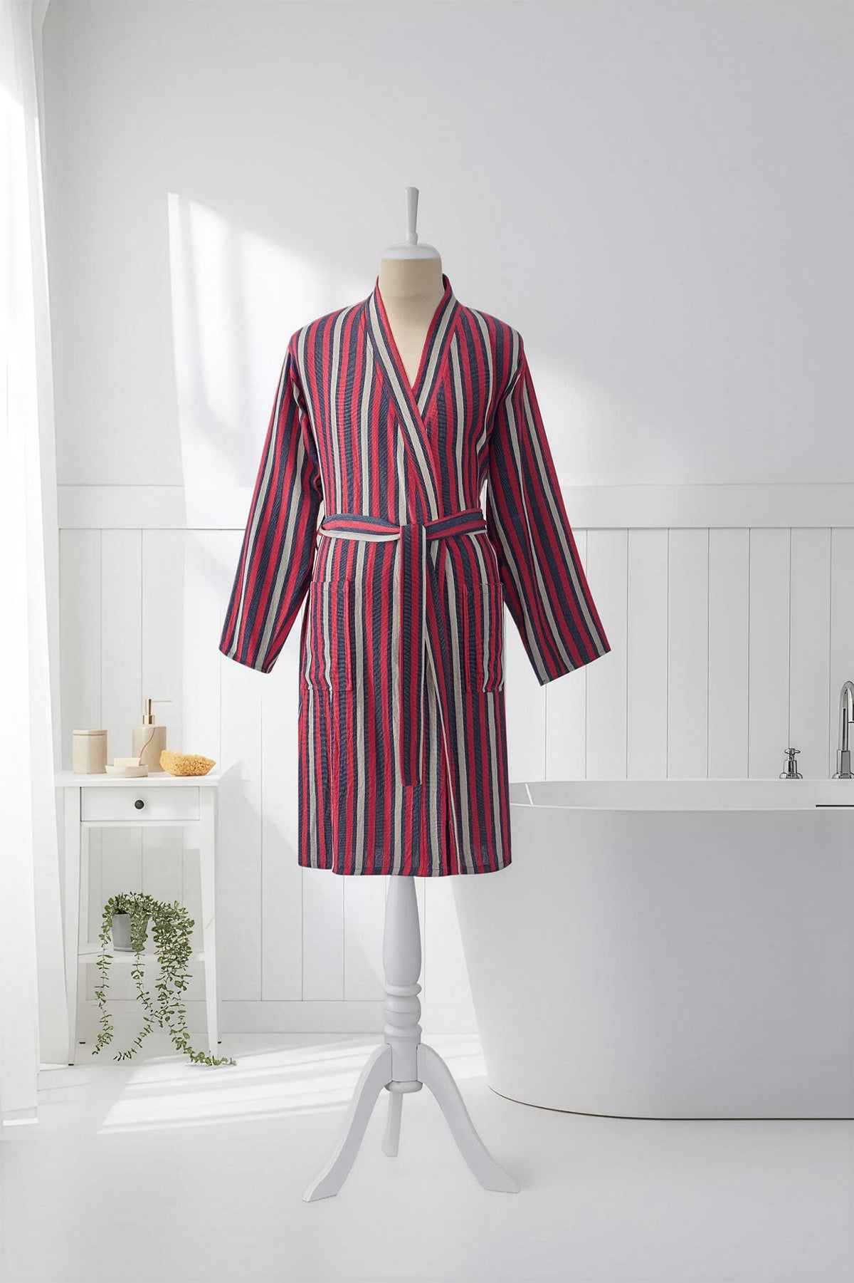 Fine stripe Turkish cotton bathrobe in burgundy – kimono | Kikoya
