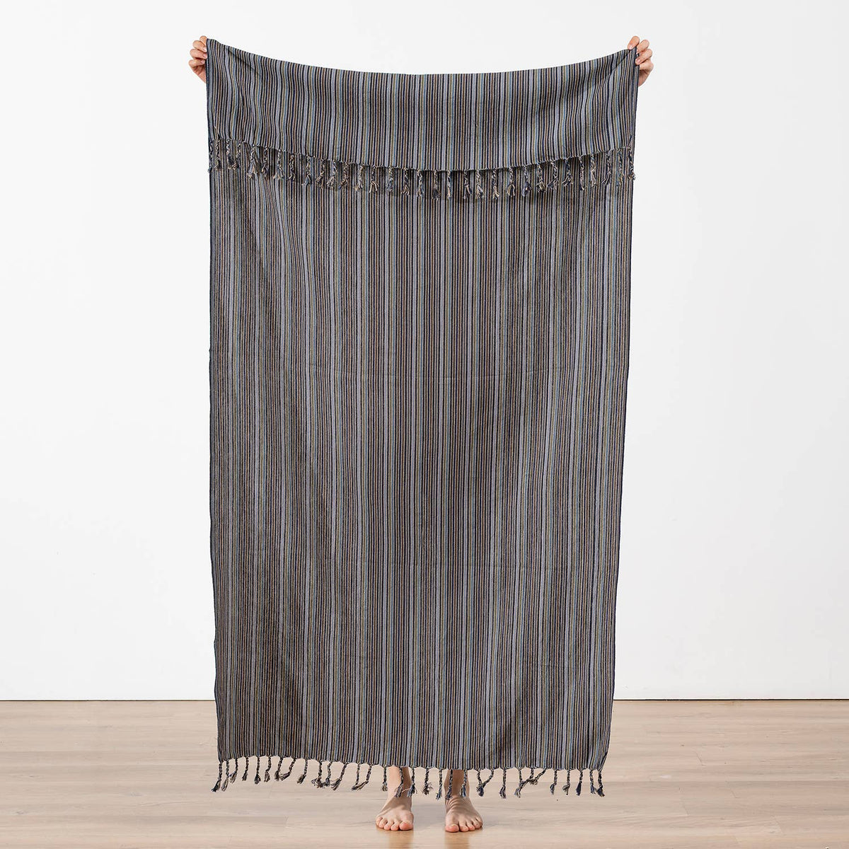 Premium rustic Turkish beach towel in a charcoal ticking stripe | Kikoya