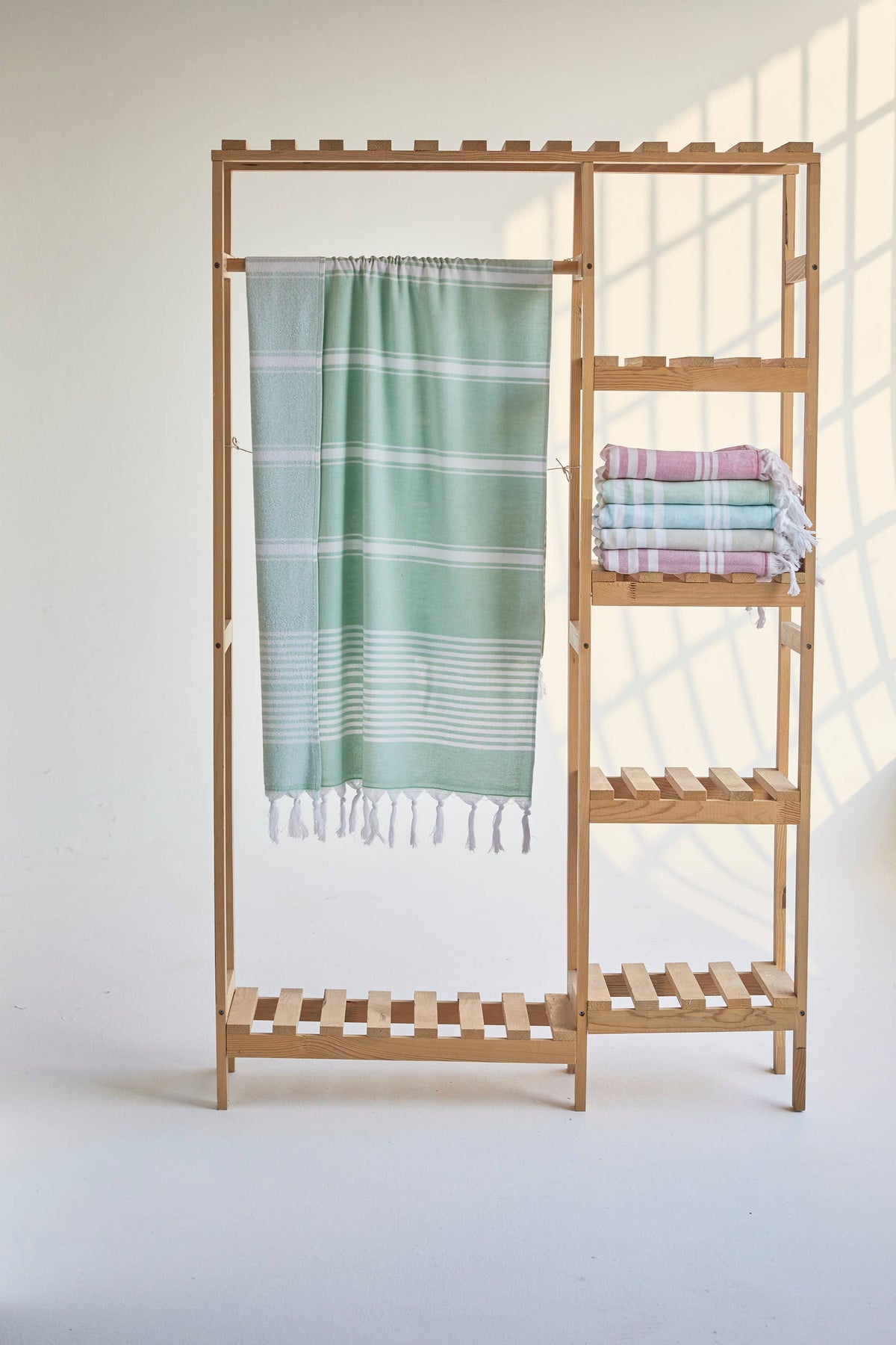Arma terry-backed Turkish towel in fine green pinstripe | Kikoya