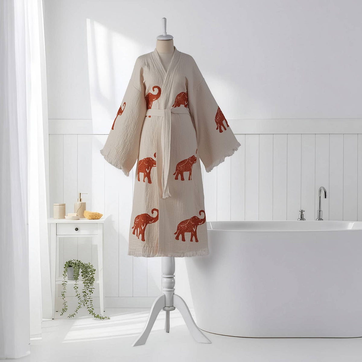 Block-print Turkish cotton kimono robe – Elephant Terracotta | Kikoya