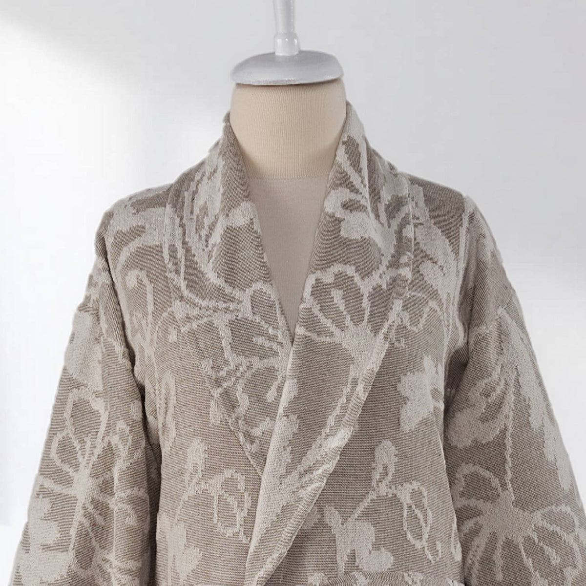 Garden raised terry Turkish bathrobe, shawl collar, taupe botanical jacquard | Kikoya