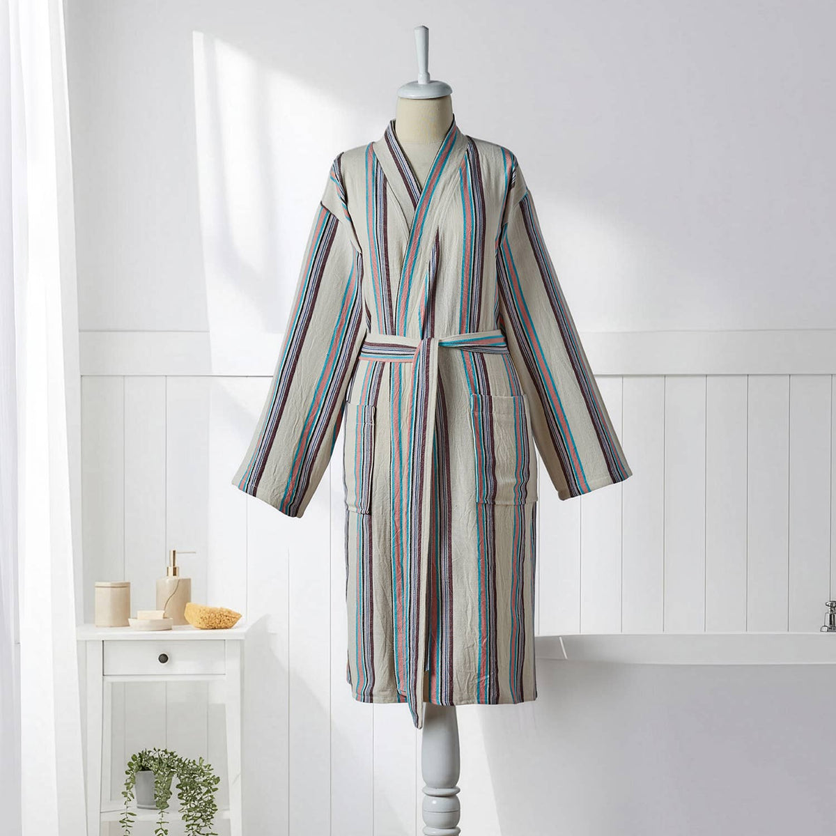 Antique Turkish kimono bathrobe – Cream & Teal Stripe | Kikoya