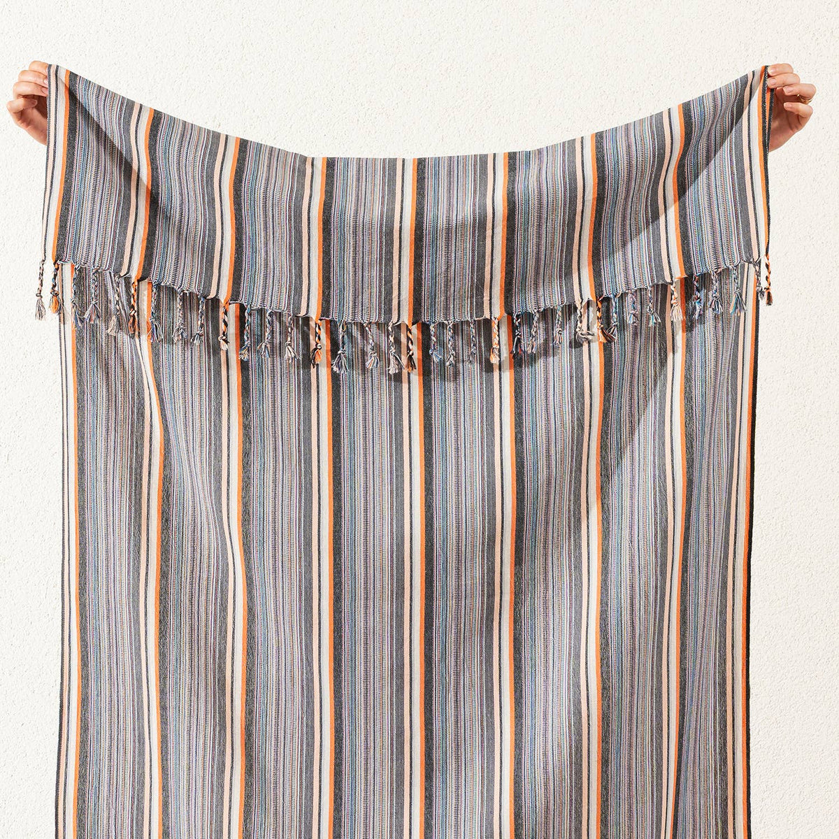 Tangerine & Stone Stripe Turkish towel, woven texture close-up | Kikoya