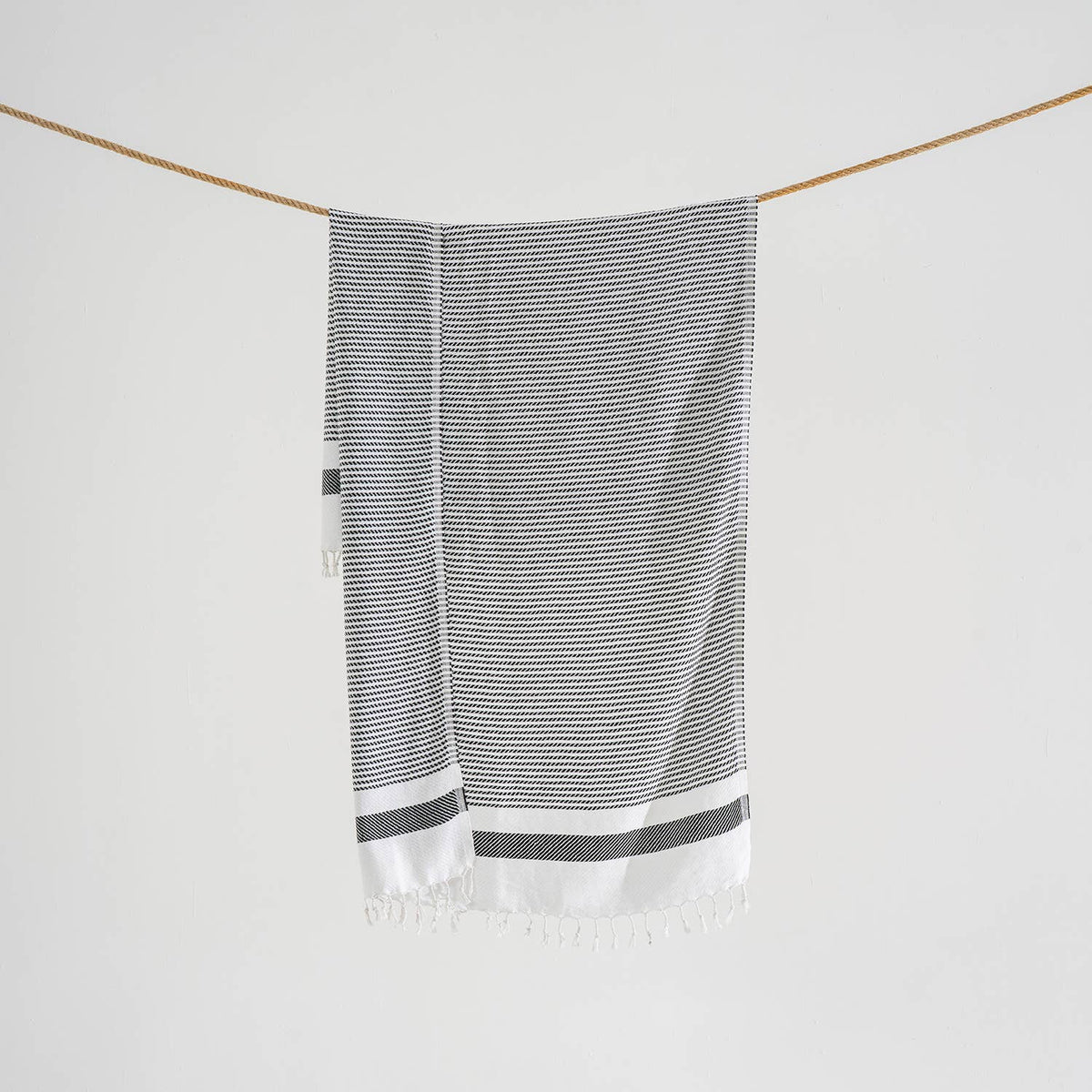Pinstripe Turkish beach towel on cream with solid hem band, 33x66 in | Kikoya