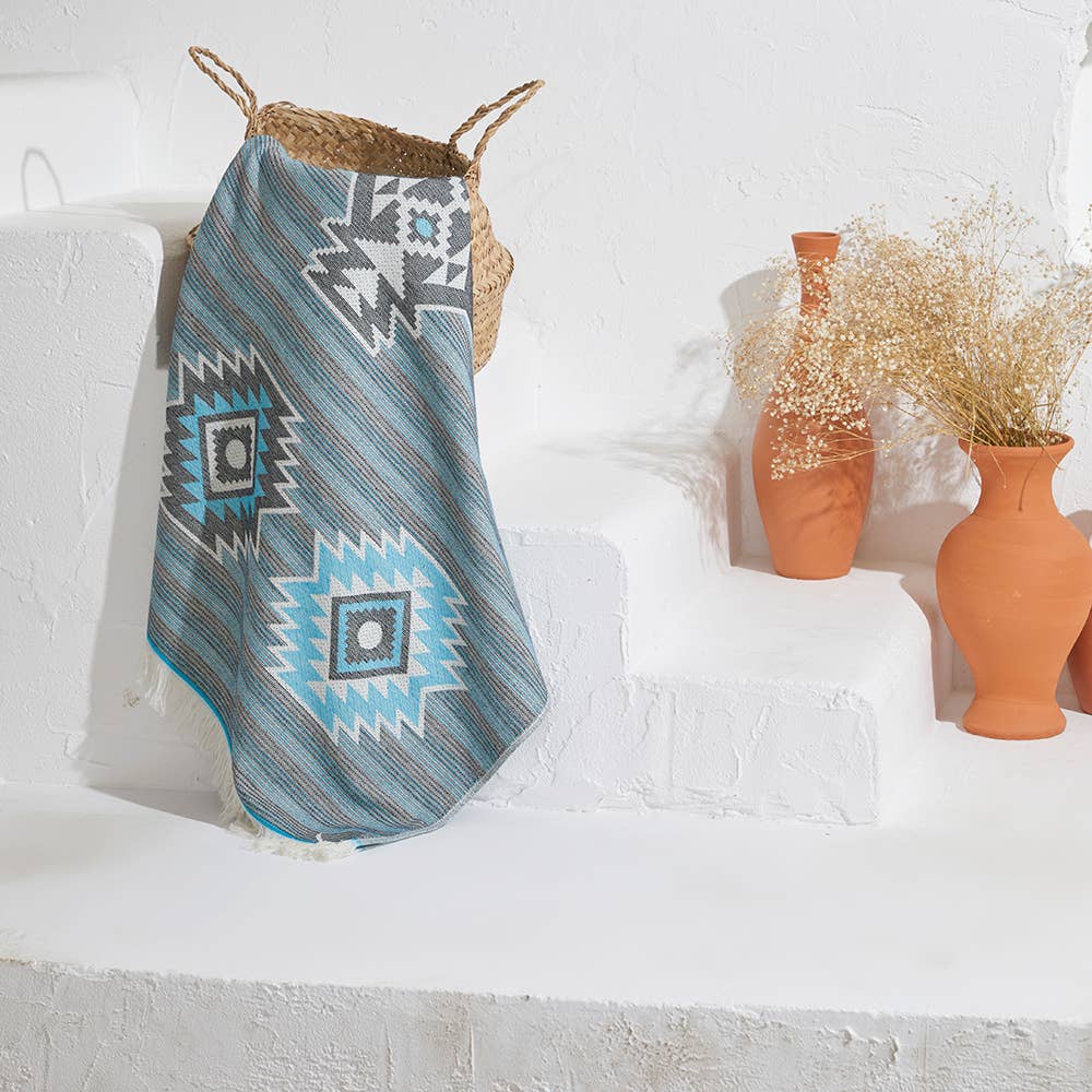 Tribal terry-backed Turkish towel with woven jacquard face, 35x70 in | Kikoya