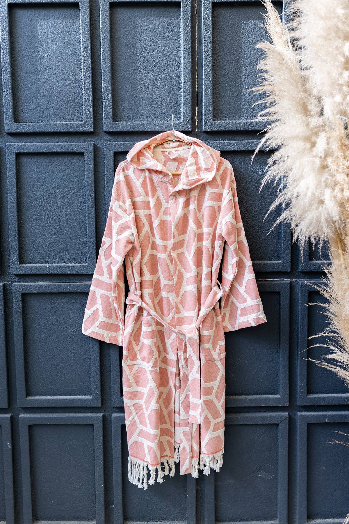 Aztec raised terry Turkish bathrobe in dusty rose, hooded | Kikoya