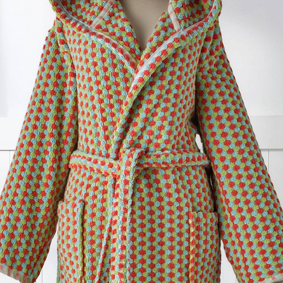 Pompom Turkish bathrobe – Green & Pink, Hooded, styled view | Kikoya