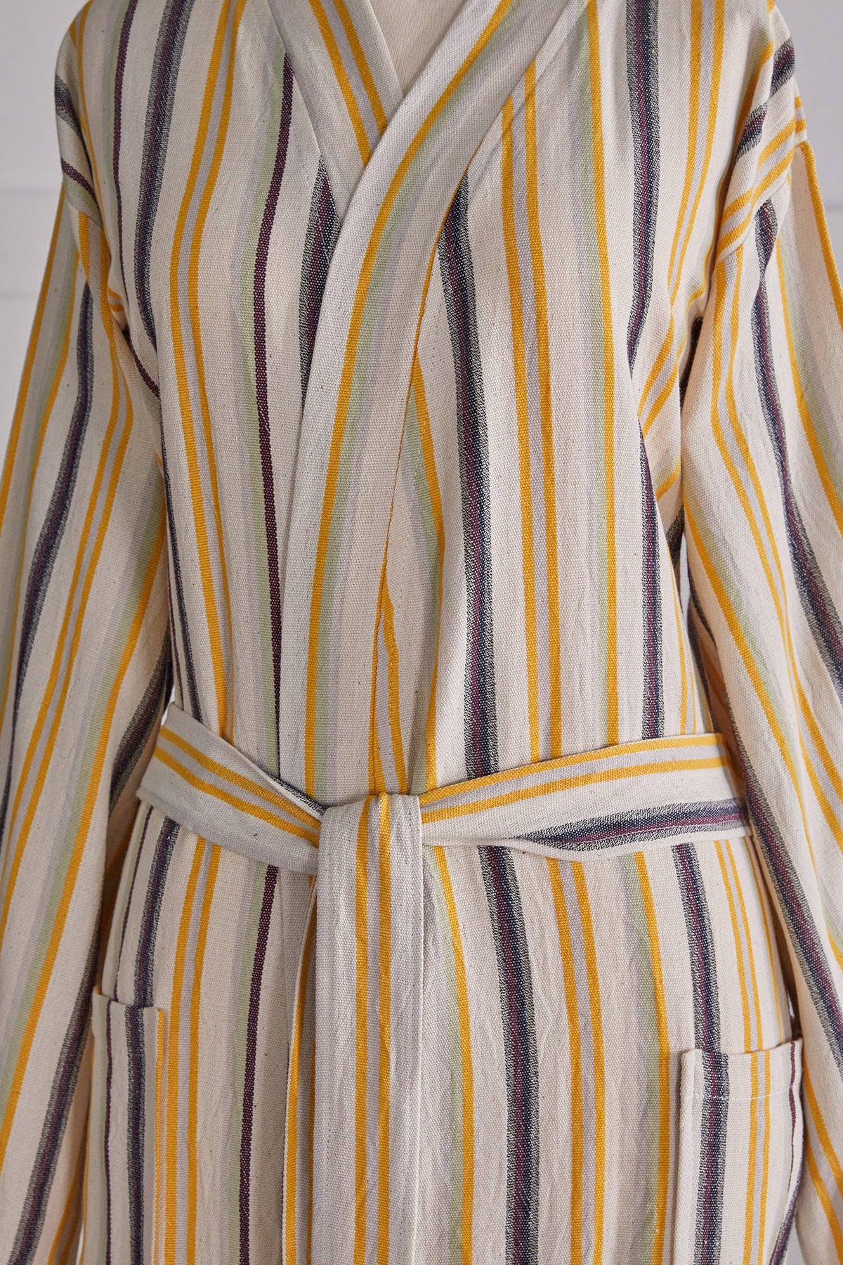 Multi stripe Turkish bathrobe in mustard & blue – kimono | Kikoya