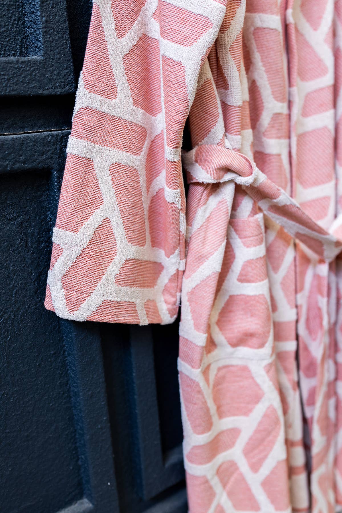 Aztec raised terry Turkish bathrobe in dusty rose, hooded | Kikoya