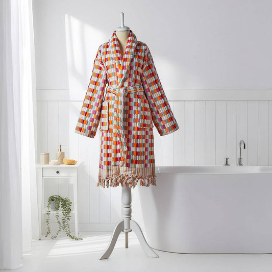 Pompom Turkish bathrobe – Lokum Pink Multi, Shawl Collar, front view | Kikoya