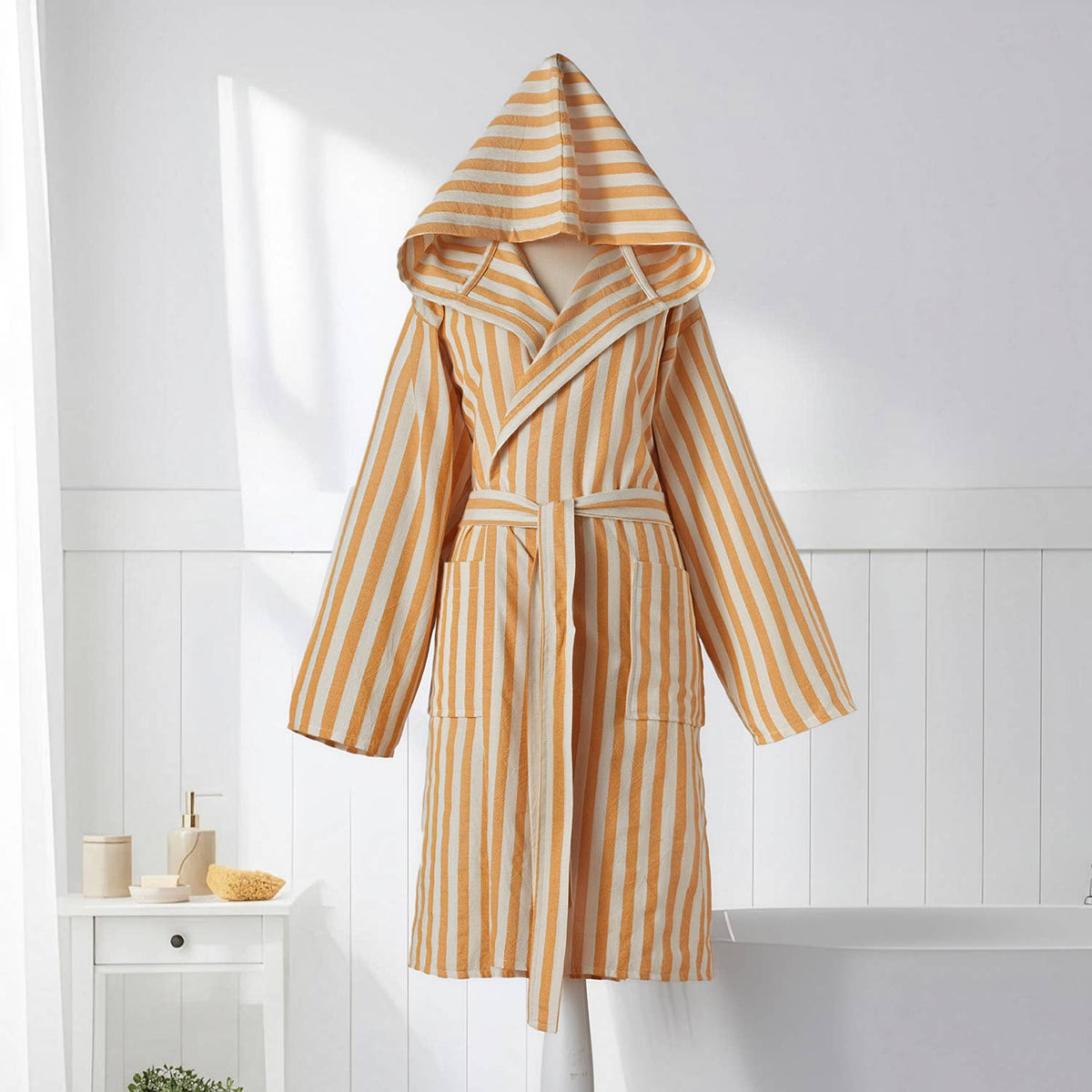 Zebra stripe Turkish hooded bathrobe – Yellow & Cream, front view | Kikoya