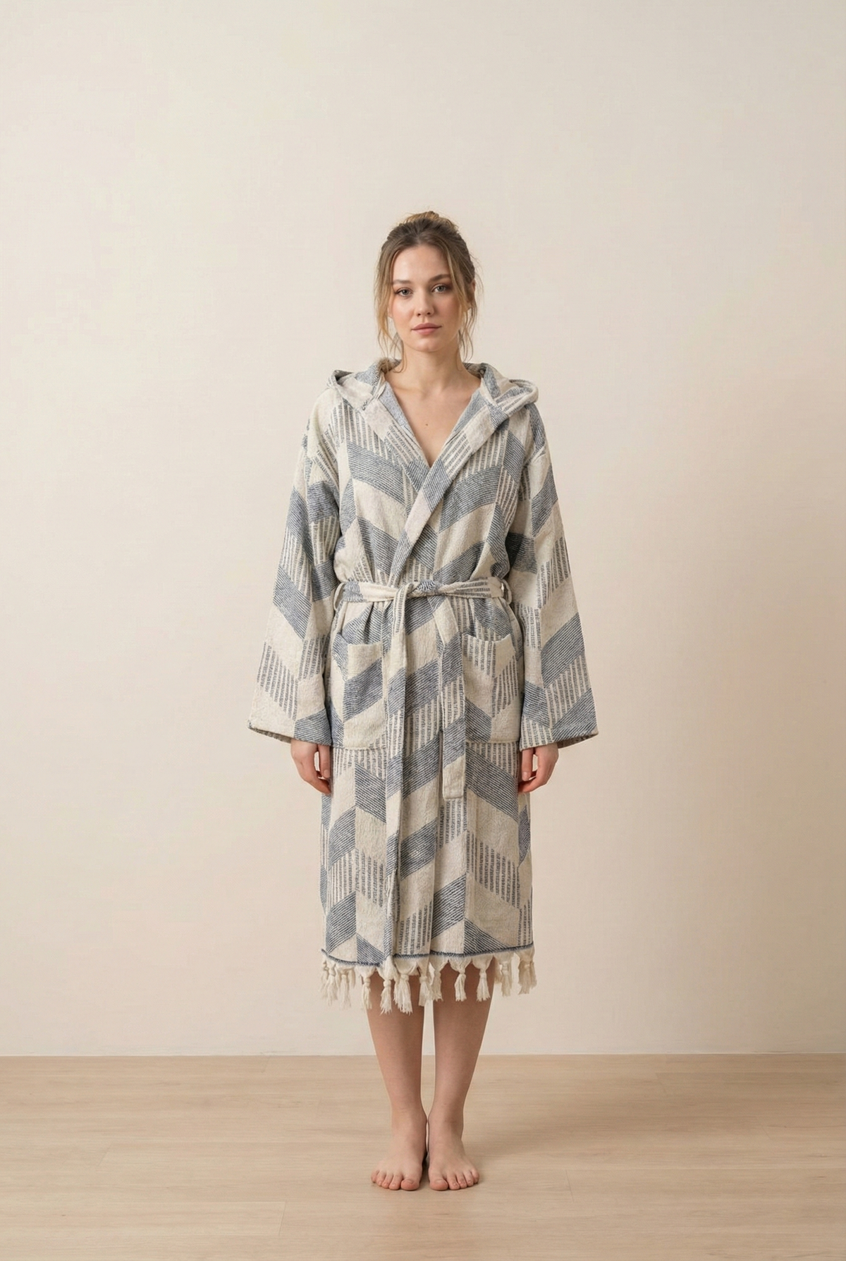 Herringbone raised terry Turkish bathrobe, hooded | Kikoya