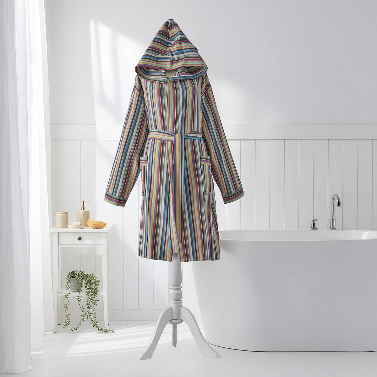 Multicolor stripe Turkish cotton bathrobe – hooded, quick-dry | Kikoya