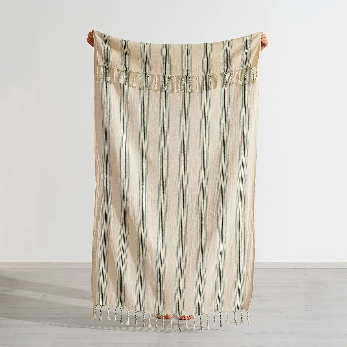 Premium Rustic Turkish beach towel – Olive & Ivory Stripe | Kikoya