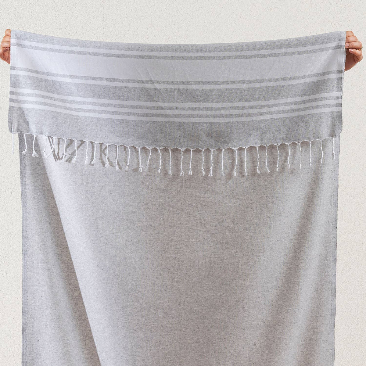 Fine stripe Turkish beach towel on cream, 33x66 in, flat-woven peshtemal | Kikoya