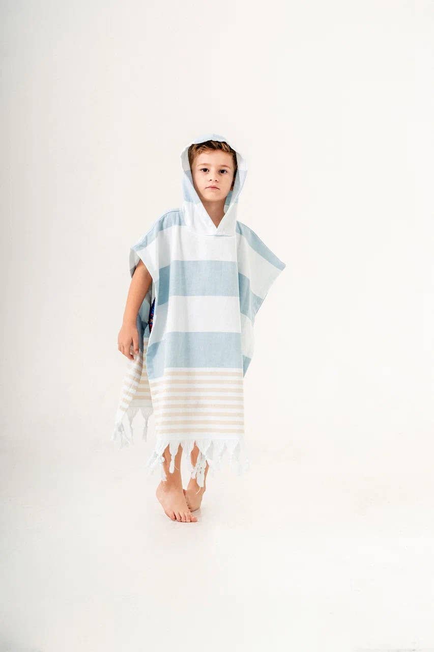 Mediterranean Terry-backed Kids Hooded Towel Poncho – Block Stripe, Blue & Beige | Kikoya
