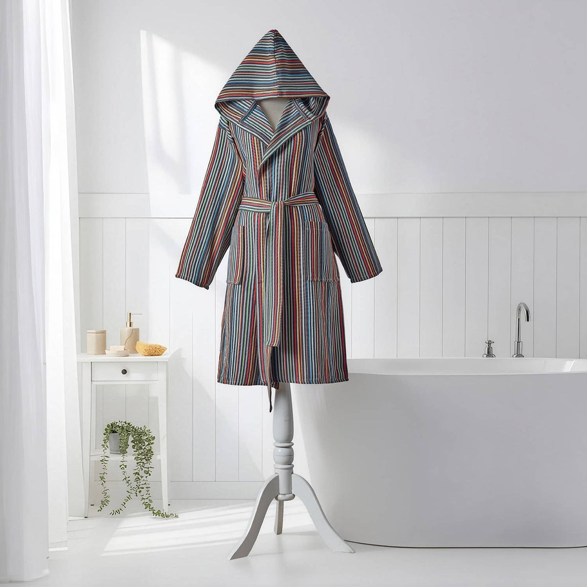 Antique Turkish hooded bathrobe – Charcoal & Rust Stripe | Kikoya