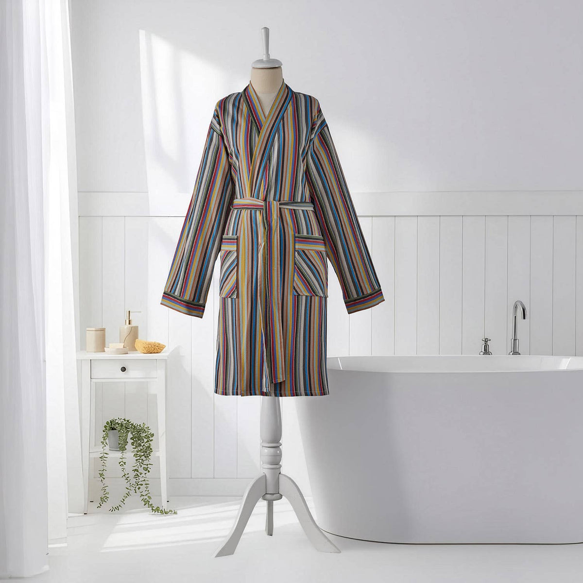 Multicolor stripe Turkish cotton bathrobe – kimono, belted | Kikoya