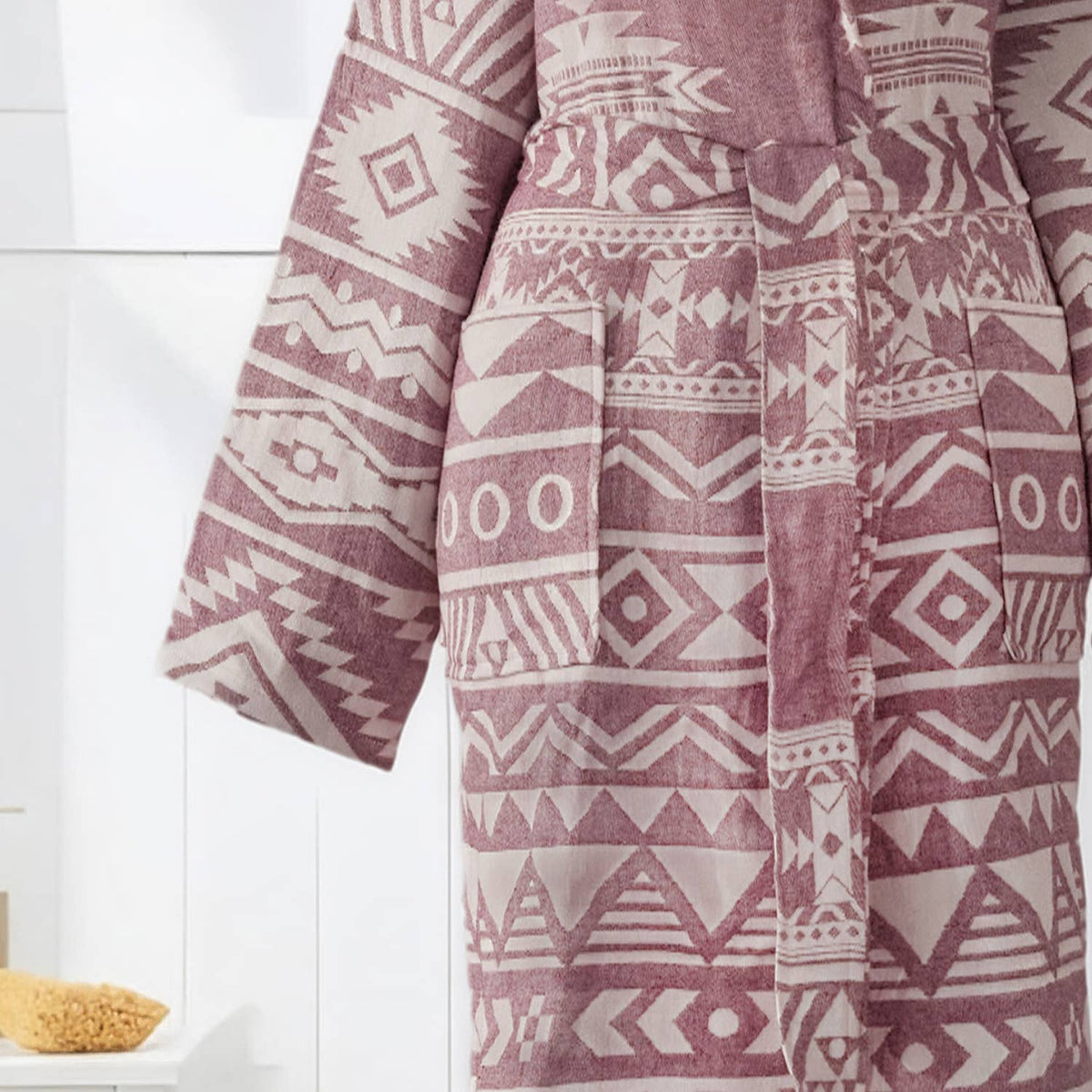 Aztec Turkish bathrobe in dusty rose – hooded, fringed hem | Kikoya