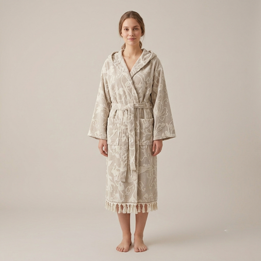 Garden raised terry Turkish bathrobe with a botanical jacquard, hooded | Kikoya