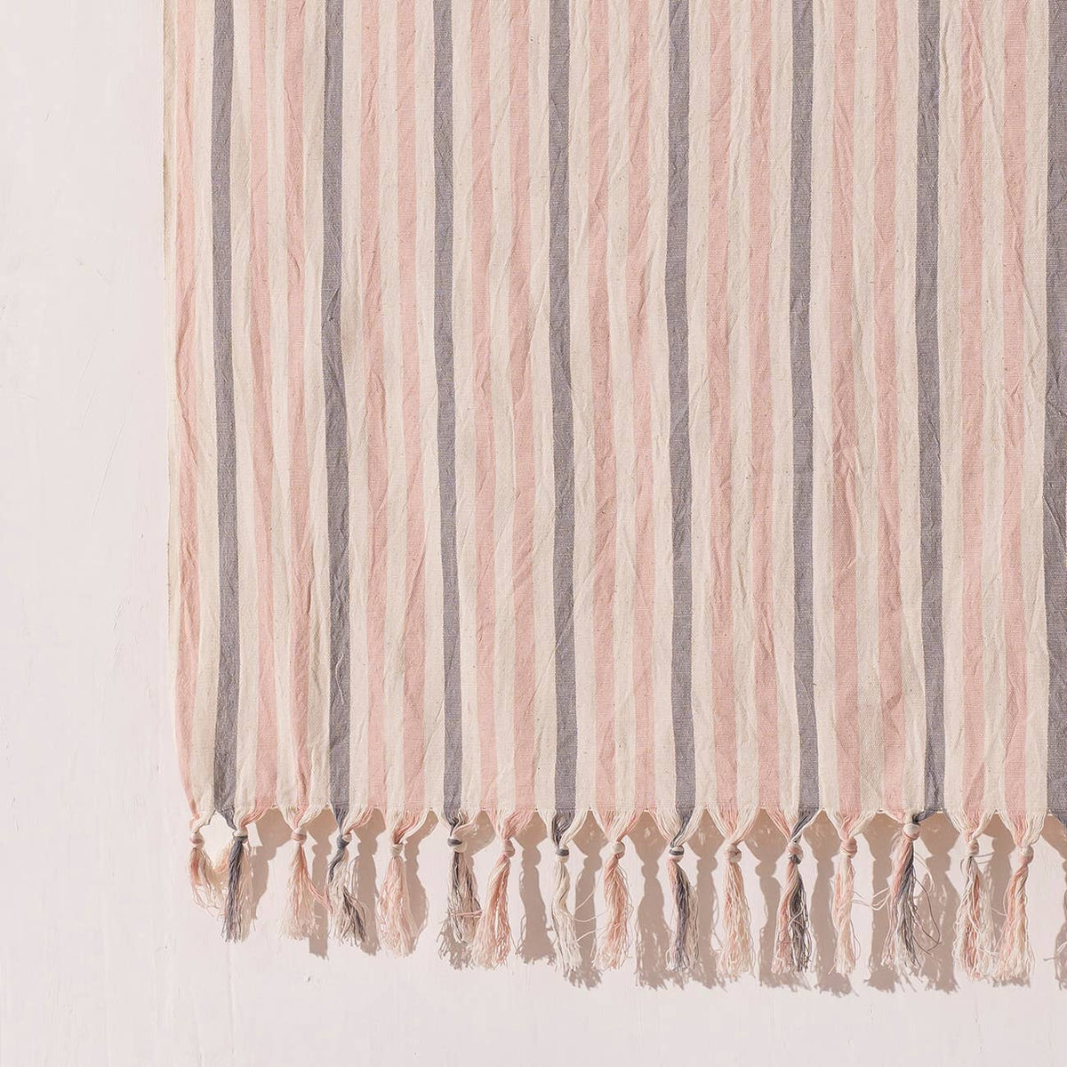 Premium Rustic Turkish beach towel in blush ticking stripe with tassels, 33x66 in | Kikoya
