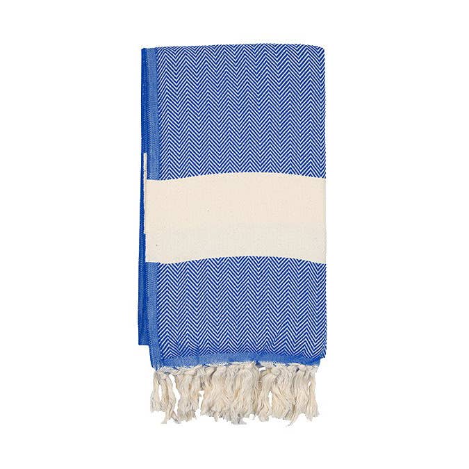Herringbone Turkish towel – Blue, folded with fringe | Kikoya