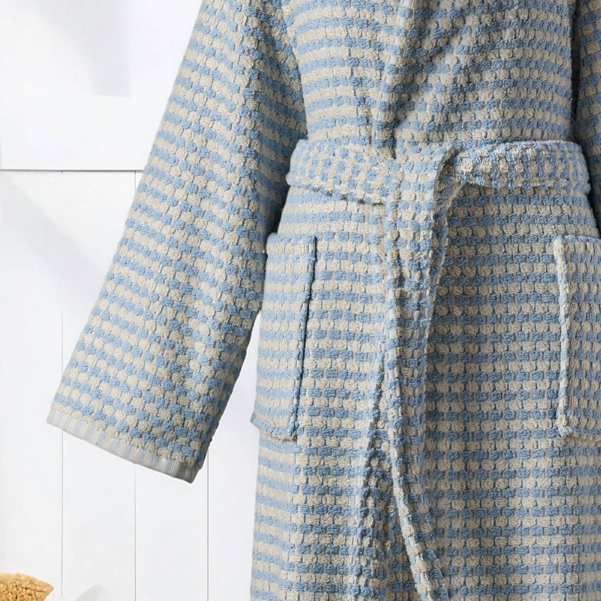 Pompom Turkish bathrobe – Baby Blue, Hooded, back view | Kikoya