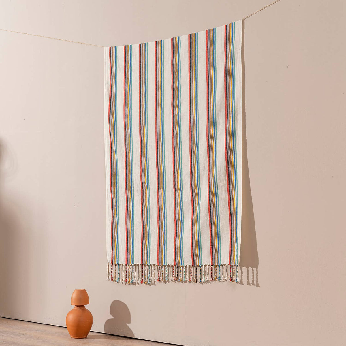 Premium Rustic Turkish beach towel in multicolour ticking stripe, 33x66 in | Kikoya