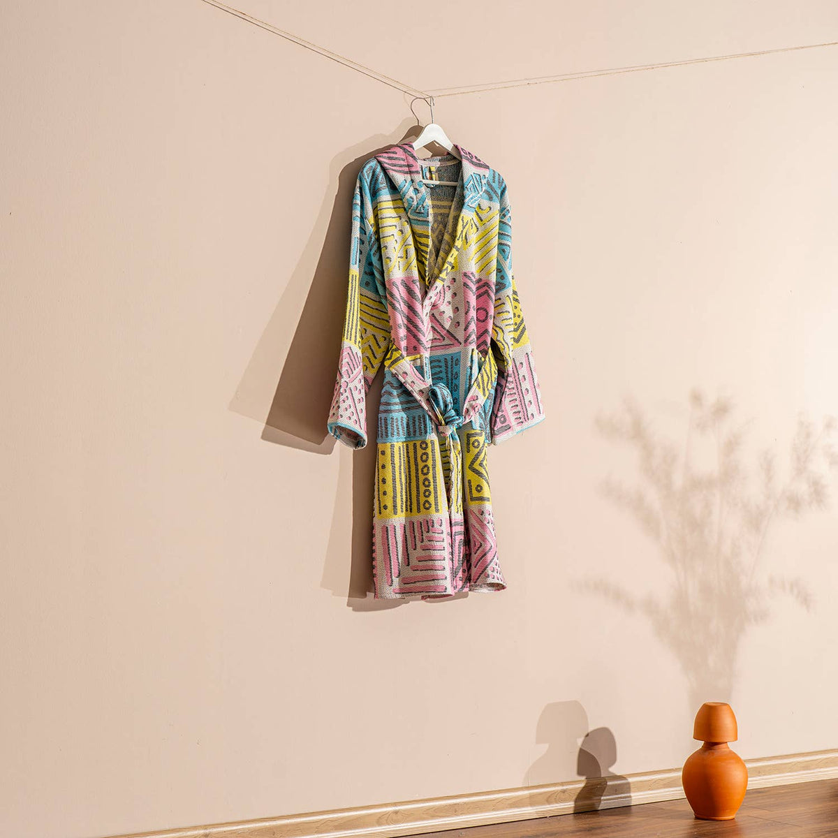 Rainbow Terry-backed Turkish bathrobe – Multicolor Stripe, styled view | Kikoya