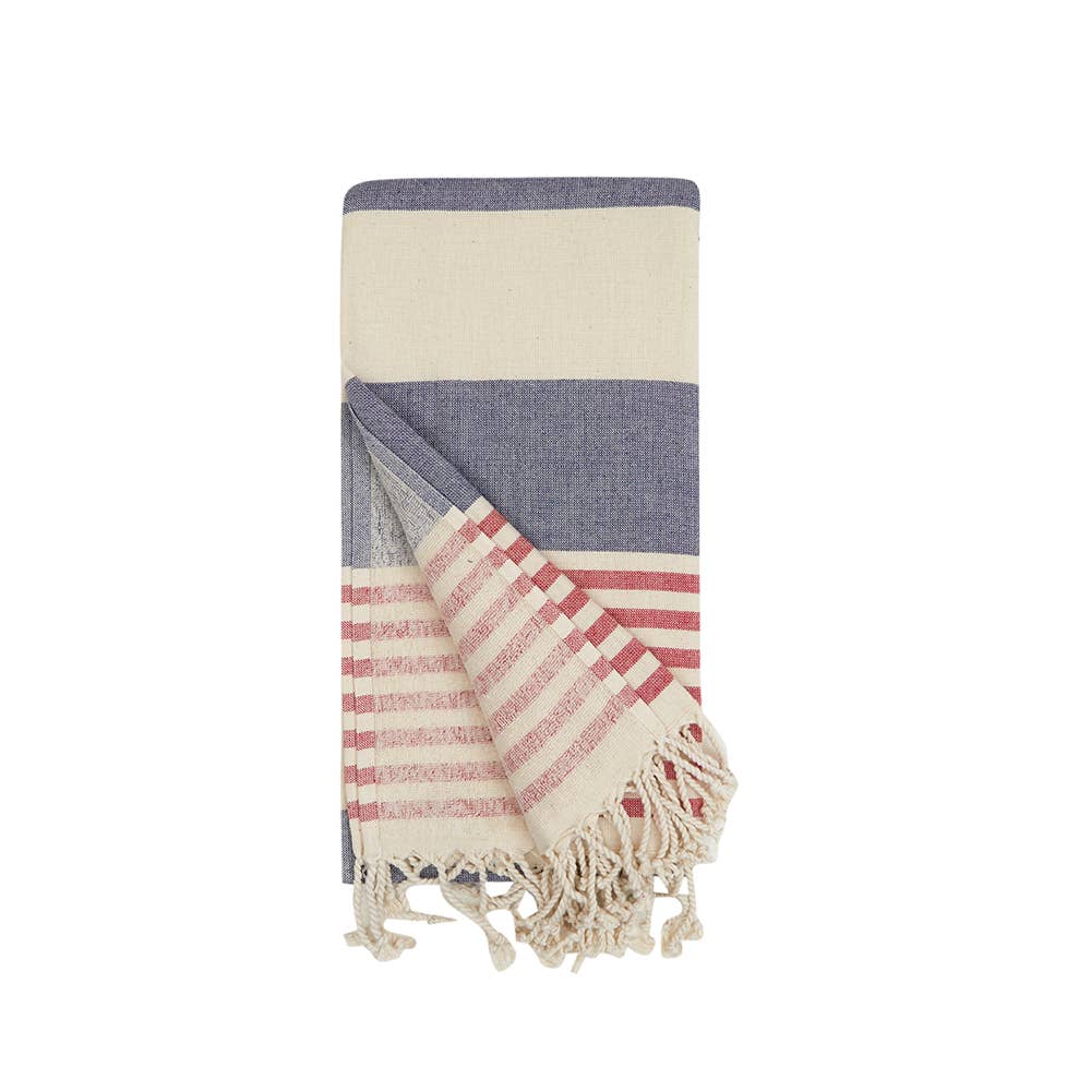 Mediterranean terry-backed Turkish towel in navy and red, 35x70 in | Kikoya