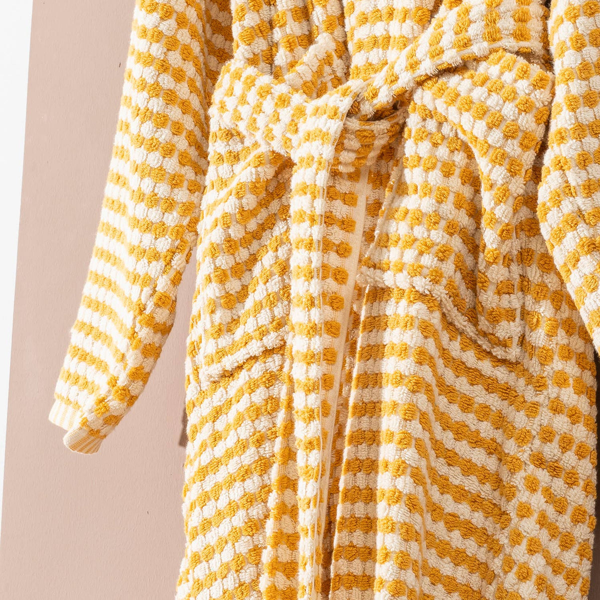 Pompom Turkish bathrobe – Mustard, Hooded, hood detail | Kikoya